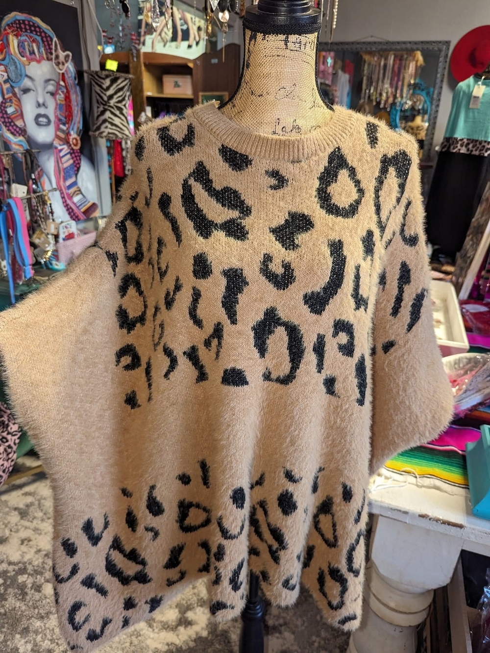 Leopard Print Fuzzy Poncho Sweater - Tan/Black